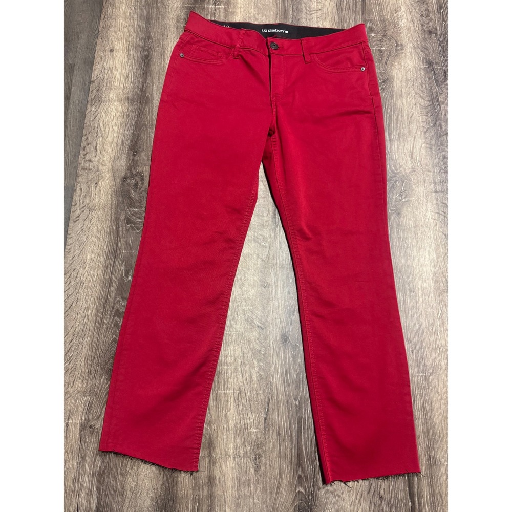 Liz Claiborne Classic Slim Leg Red Pants Raw Hem Size 12 Womens